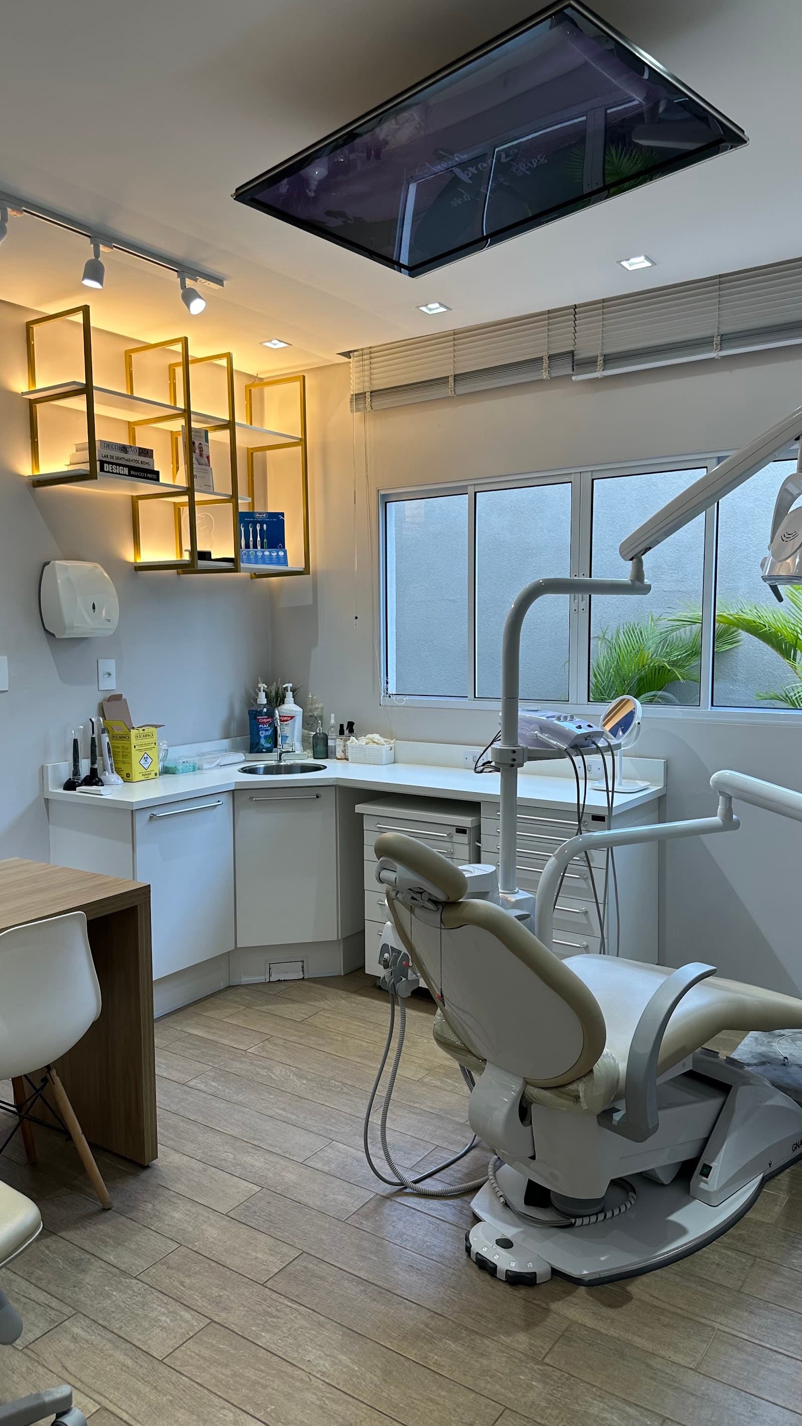 Consultório claro da Zenus com a cadeira odontológica, bancada branca, prateleiras douradas iluminadas e a janela para as plantas
