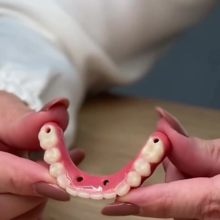 Mãos da dentista segurando uma prótese fixa sobre implantes, com os encaixes dos implantes à mostra